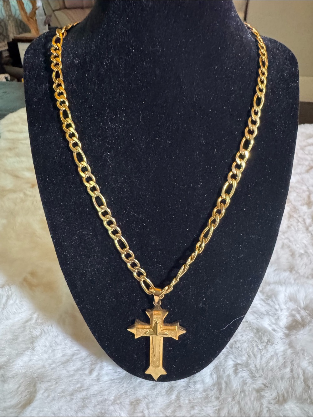 Gold Link Chain Necklace with Cross Pendant stainless steel